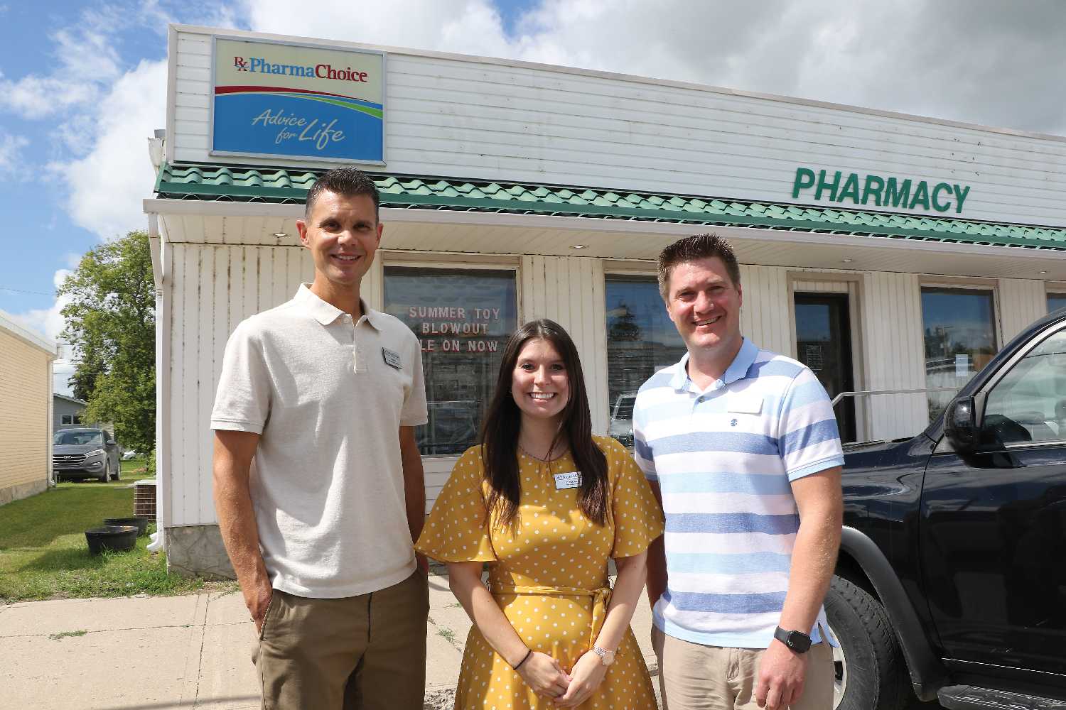From left, Chris Fedorowich, Pharmacist Chelsea Ellison, and Warren Delmage of Legacy Pharmacies. The company is the new owner of Rocanville Pharmacy, formerly a Super Thrifty location.